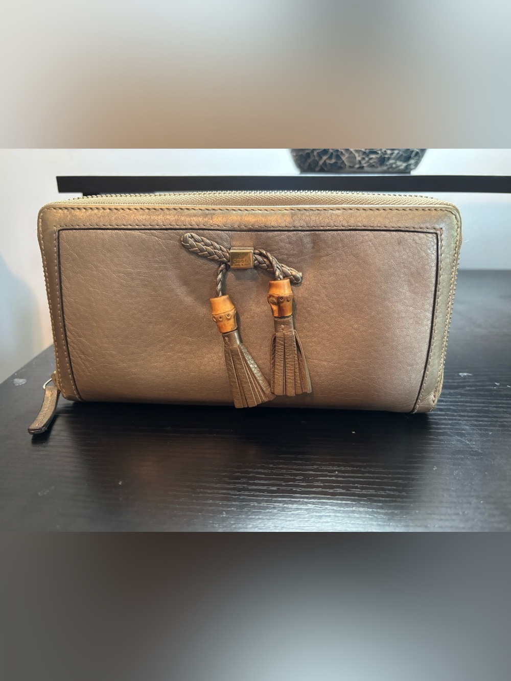 Authentic Gucci Bamboo Tassel Bow Metallic Zip-Around Wallet